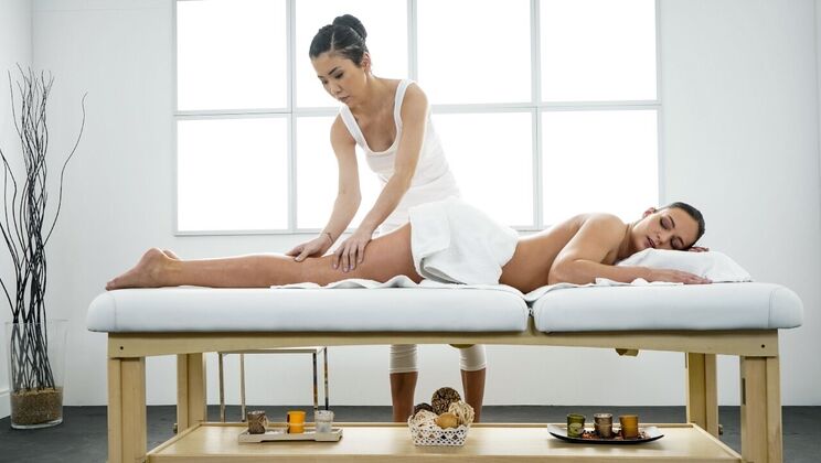 [MassageRooms] - Shaved Asian Lesbians in Intimate Encounter - Leanne Lace - Alina Crystall