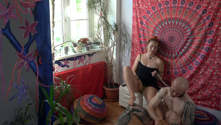 Simona the Bald Submissive in BDSM Leash Play