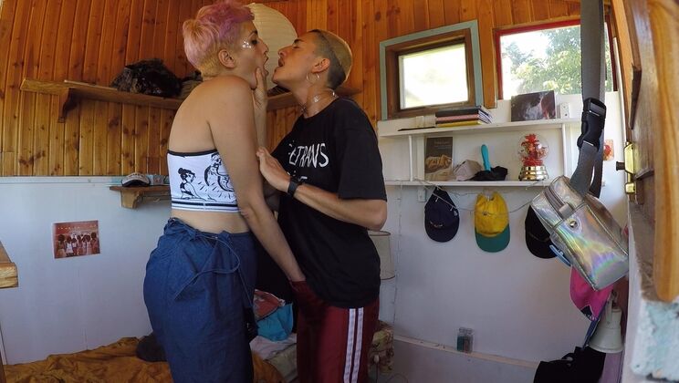 Short Hair Tattooed Charo Moans as Gael Kisses Her Breasts