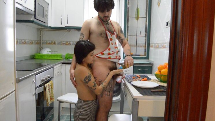 Hairy Brunette Xochipilli Gives Handjob in the Kitchen