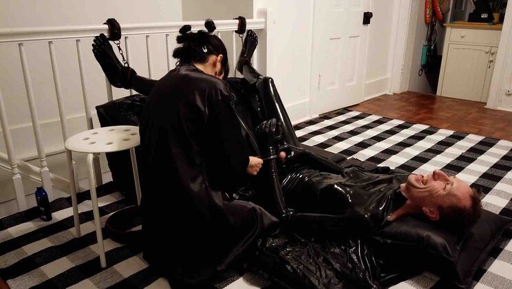 Giggling Rei Bound in Latex Handcuffs & Sex Toys