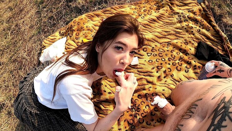 Lera Gives Igor a Blowjob at Banana Cream Picnic